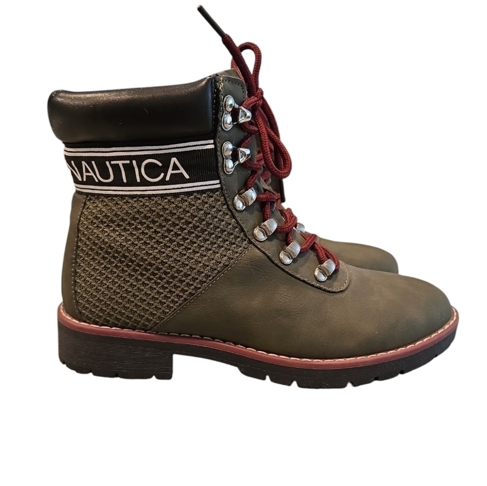 NAUTICA PHOENIX HIKING ANKLE BOOTS. OLIVE GREEN W/ BURGANDY LACES. SIZE 7.5